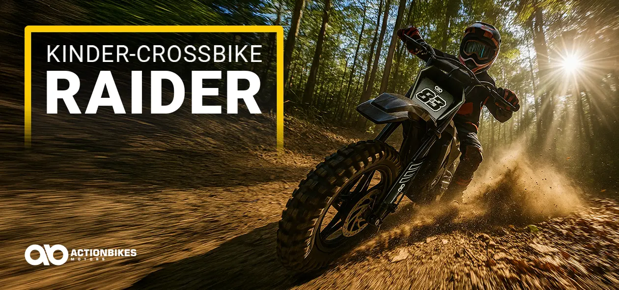 Actionbikes Kinder-Crossbike Raider Kind fährt mit Crossbike Raider durch das Gelände